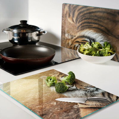 Glas-Schneidebrett mit Motiv „Tiger in den Sonnenstrahlen“