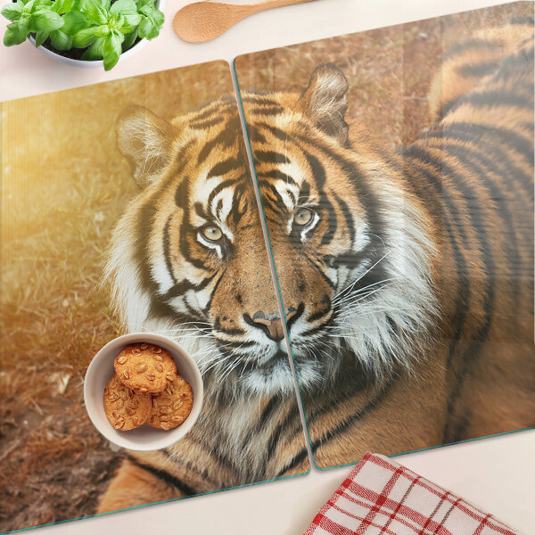Glas-Schneidebrett mit Motiv „Tiger in den Sonnenstrahlen“