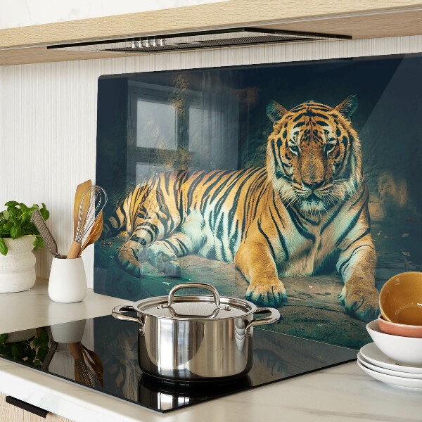 Glas-Schneidebrett mit Motiv eines liegenden Tigers auf Felsen