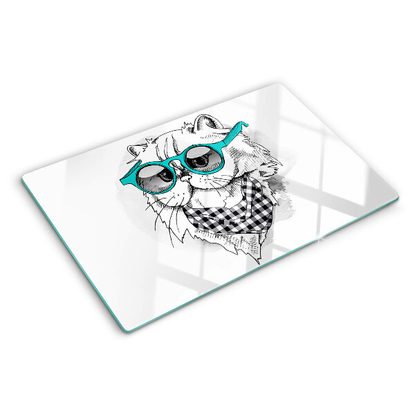 Schneidebrett Glas mit einer Zeichnung einer Katze mit Sonnenbrille