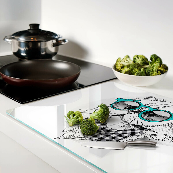 Schneidebrett Glas mit einer Zeichnung einer Katze mit Sonnenbrille