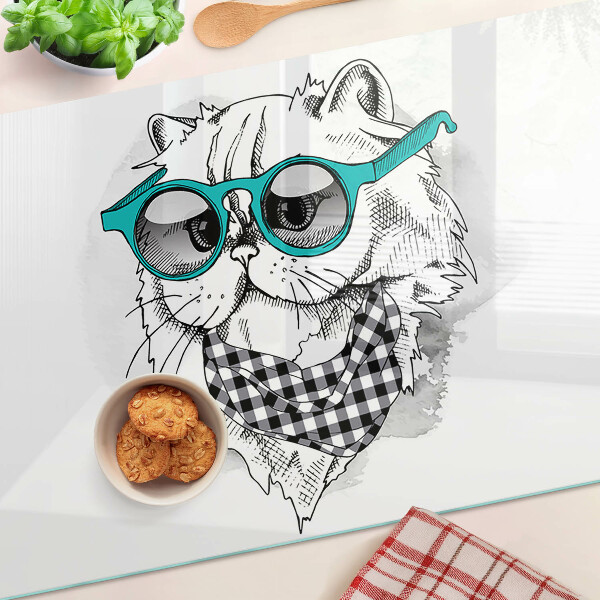 Schneidebrett glas Zeichnung einer Katze mit Sonnenbrille