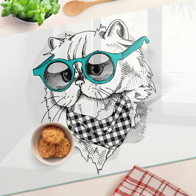 Schneidebrett Glas mit einer Zeichnung einer Katze mit Sonnenbrille