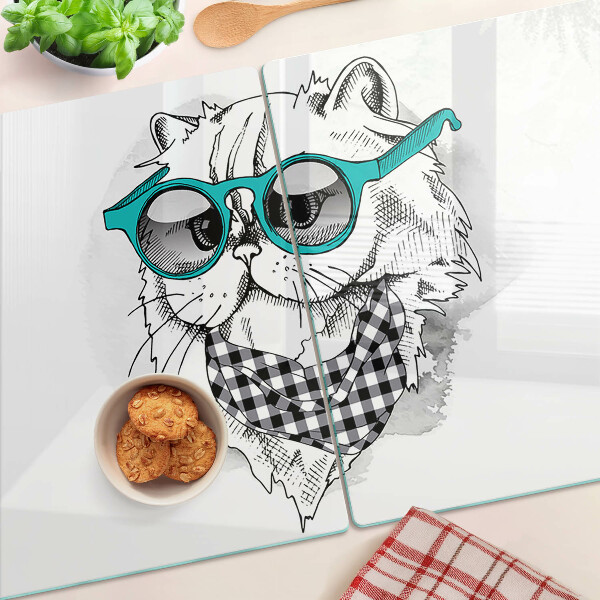 Schneidebrett Glas mit einer Zeichnung einer Katze mit Sonnenbrille