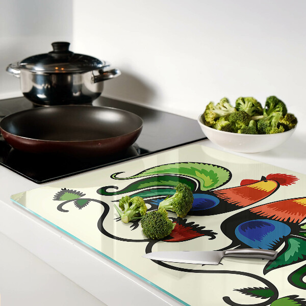 Glas-Schneidebrett mit Hähnen im Volksstil