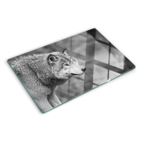 Glas-Schneidebrett mit Wolf-Motiv in Schwarzweiß