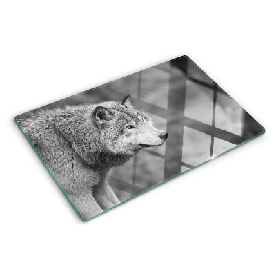 Glas-Schneidebrett mit Wolf-Motiv in Schwarzweiß