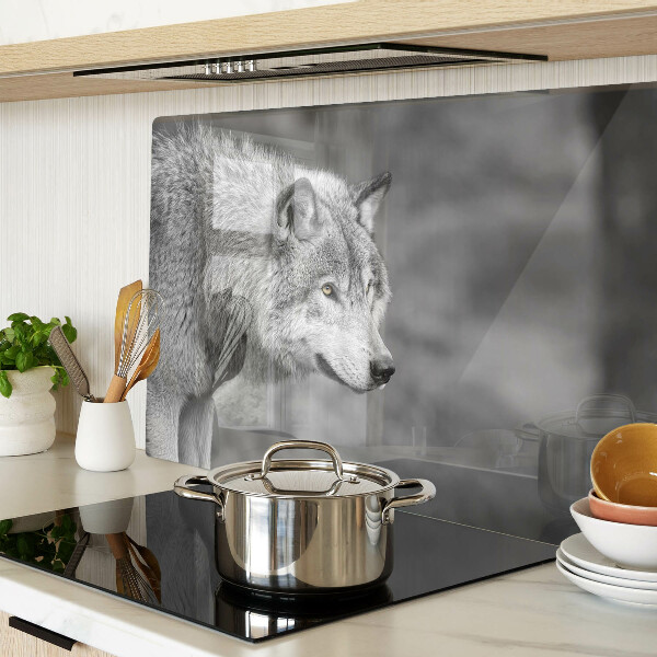 Glas-Schneidebrett mit Wolf-Motiv in Schwarzweiß