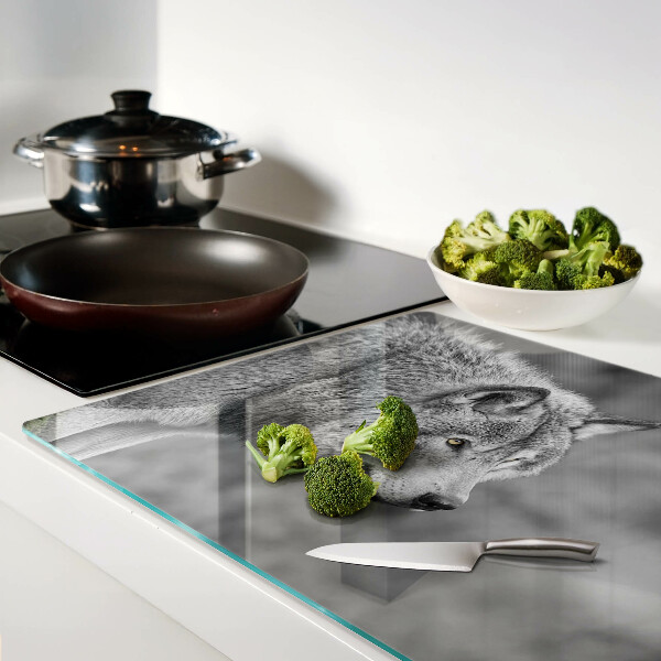 Glas-Schneidebrett mit Wolf-Motiv in Schwarzweiß