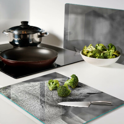 Glas-Schneidebrett mit Wolf-Motiv in Schwarzweiß