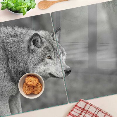 Glas-Schneidebrett mit Wolf-Motiv in Schwarzweiß