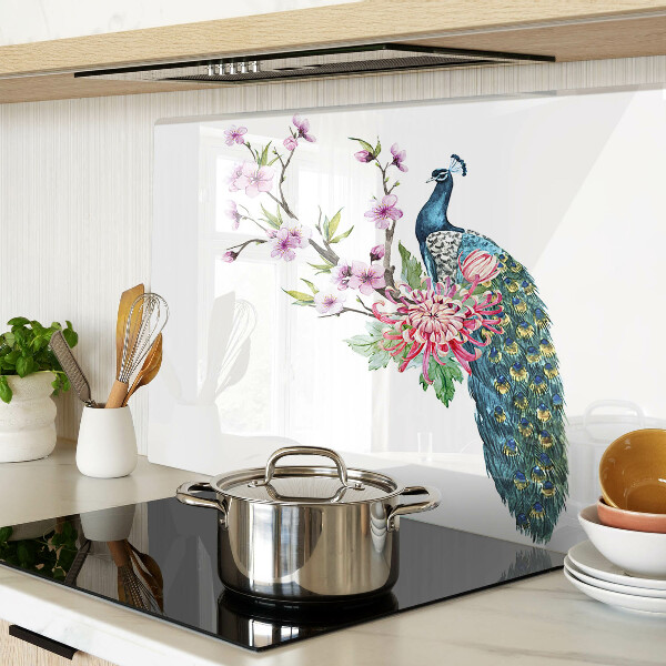 Glas-Schneidebrett mit Pfauen- und Blumenmotiv