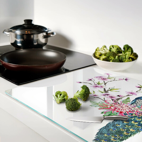 Glas schneidebrett Pfau mit Blumen