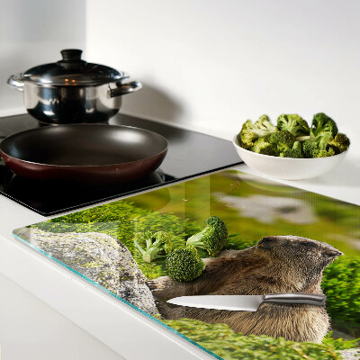 Glas Schneidebrett mit einem Murmeltier vor grünem Grashintergrund