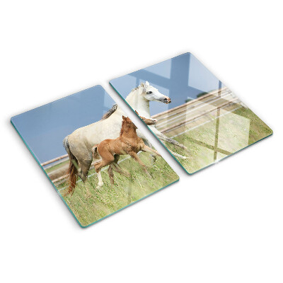 Schneidebrett Glas mit Motiv eines Pferdes und seines Fohlens auf einer Wiese