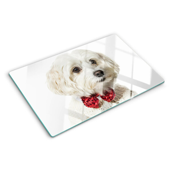 Schneidebrett Glas mit Motiv eines Hundes im Pullover und Schleife