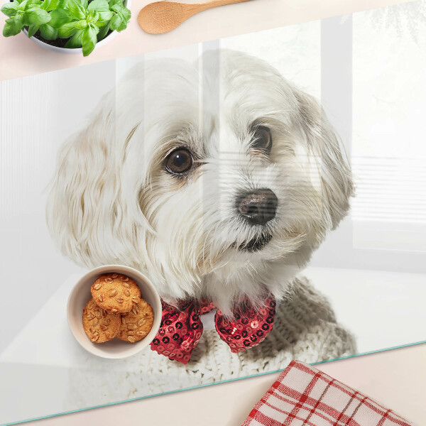 Schneidebrett Glas mit Motiv eines Hundes im Pullover und Schleife