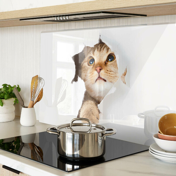 Schneidebrett mit Motiv einer Katze, die durch ein Loch in der Wand schaut