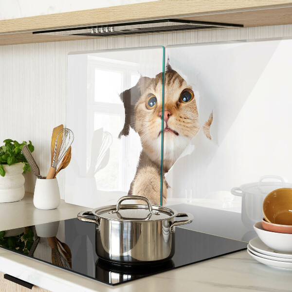 Schneidebrett mit Motiv einer Katze, die durch ein Loch in der Wand schaut