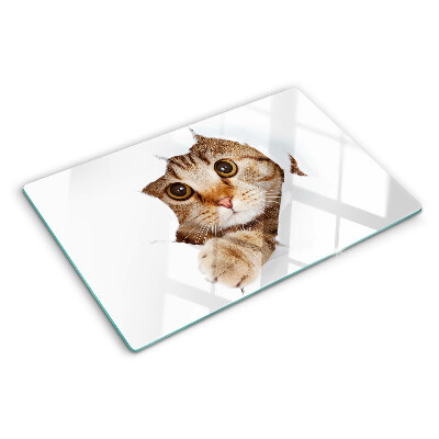 Schneidebrett Glas mit Motiv einer Katze, die aus einem Loch hervorkommt