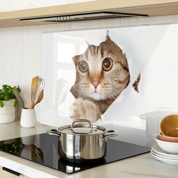 Schneidebrett Glas mit Motiv einer Katze, die aus einem Loch hervorkommt