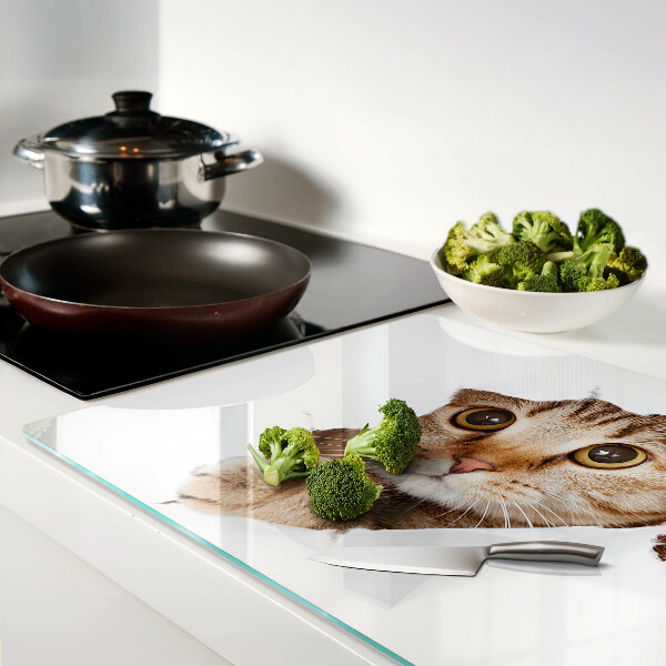 Schneidebrett Glas mit Motiv einer Katze, die aus einem Loch hervorkommt