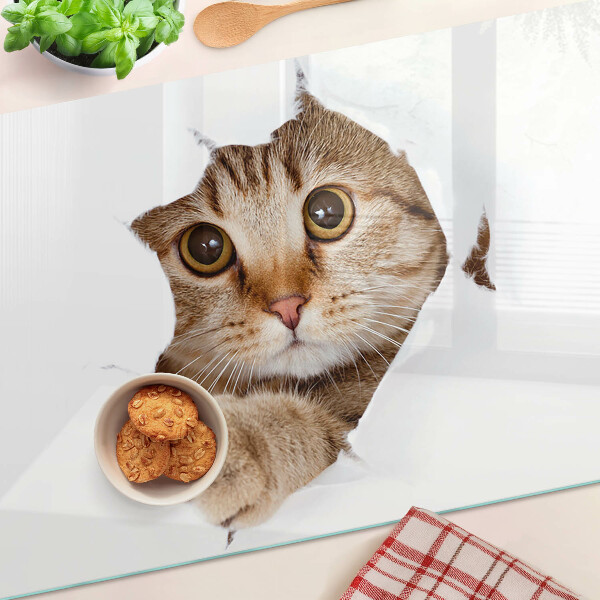 Schneidebrett Glas mit Motiv einer Katze, die aus einem Loch hervorkommt