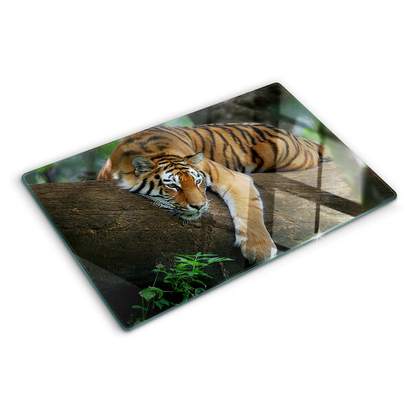 Schneidebrett Glas mit Motiv eines Tigers auf einem Baumstamm