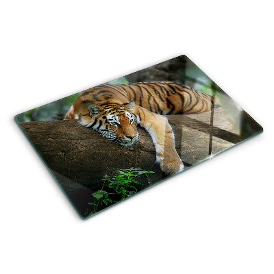 Schneidebrett Glas mit Motiv eines Tigers auf einem Baumstamm