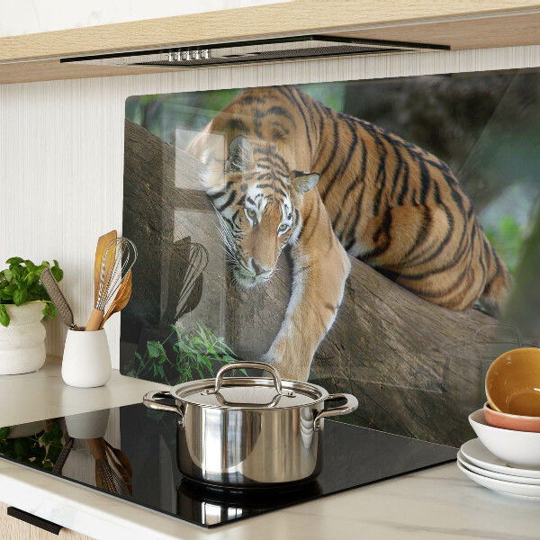 Schneidebrett Glas mit Motiv eines Tigers auf einem Baumstamm