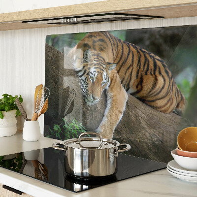 Schneidebrett Glas mit Motiv eines Tigers auf einem Baumstamm
