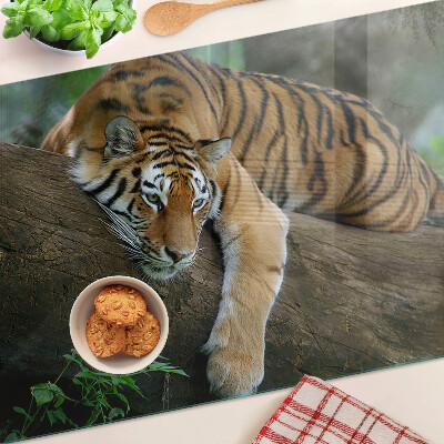 Schneidebrett Glas mit Motiv eines Tigers auf einem Baumstamm