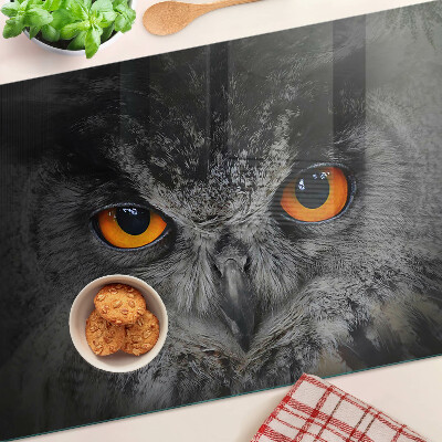 Glas-Schneidebrett mit Eulenmotiv und orangefarbenen Augen