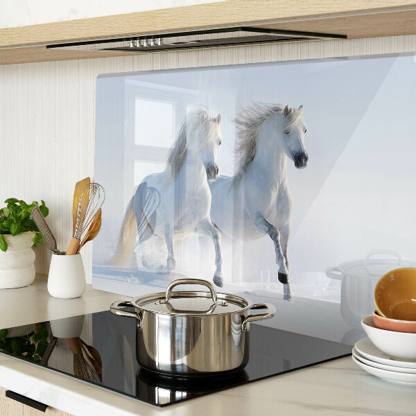 Schneidebrett Glas mit Motiv von zwei weißen Pferden im wilden Galopp