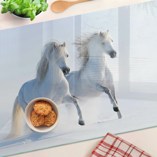 Schneidebrett Glas mit Motiv von zwei weißen Pferden im wilden Galopp