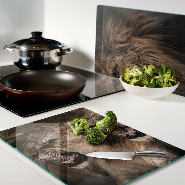 Schneidebrett Glas mit Motiv brüllender Löwen