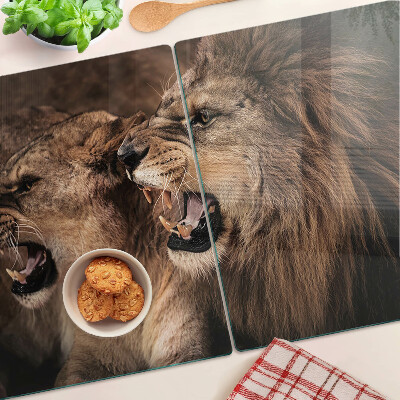 Schneidebrett Glas mit Motiv brüllender Löwen