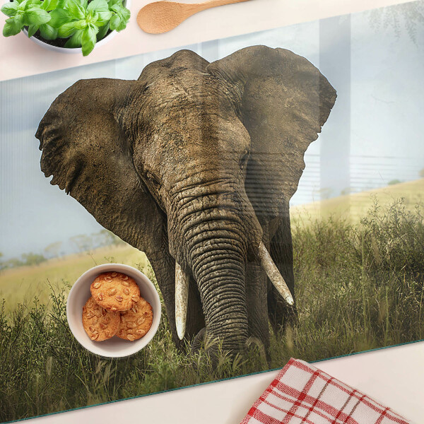 Schneidebrett mit Motiv eines Elefanten vor der Kulisse der afrikanischen Savanne