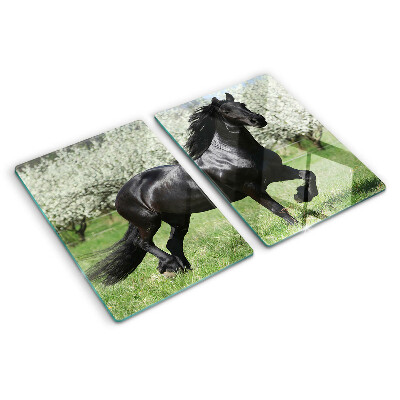Schneidebrett glas Schwarzes Pferd auf der Wiese