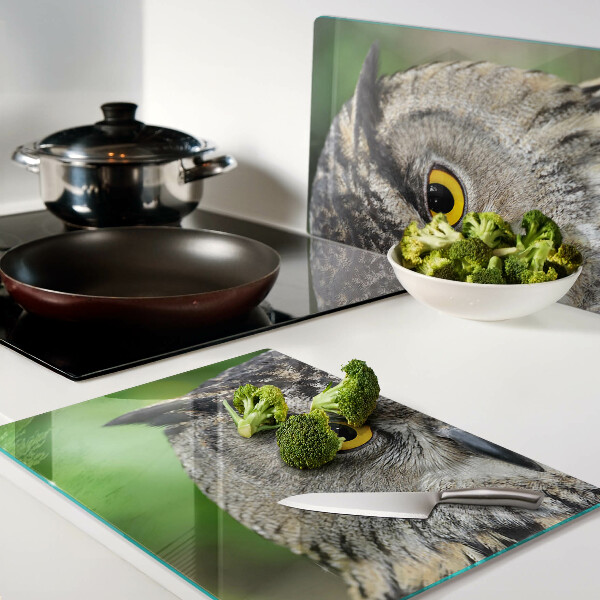 Schneidebrett Glas mit Motiv einer Eule mit ausdrucksstarken Augen