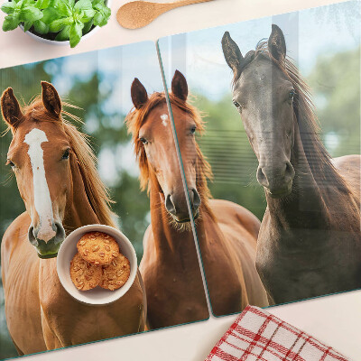 Glas-Schneidebrett mit Pferdemotiv vor Naturlandschaft