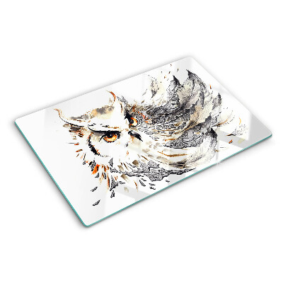 Schneidebrett Glas mit Eulenmotiv und Federn