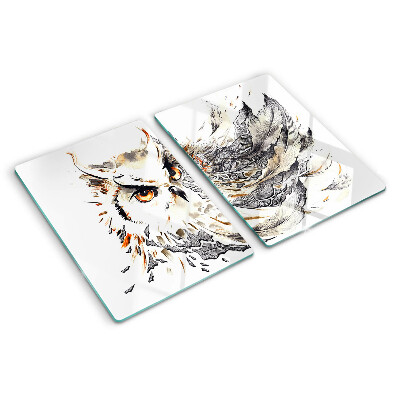 Schneidebrett Glas mit Eulenmotiv und Federn