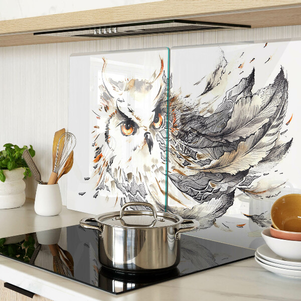 Schneidebrett Glas mit Eulenmotiv und Federn