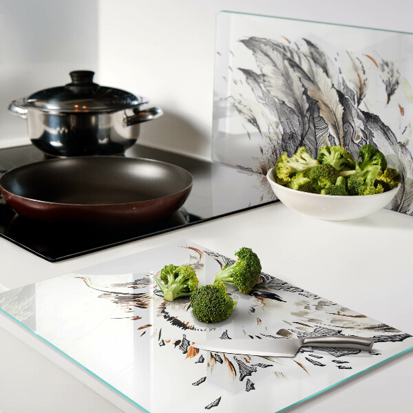 Schneidebrett Glas mit Eulenmotiv und Federn