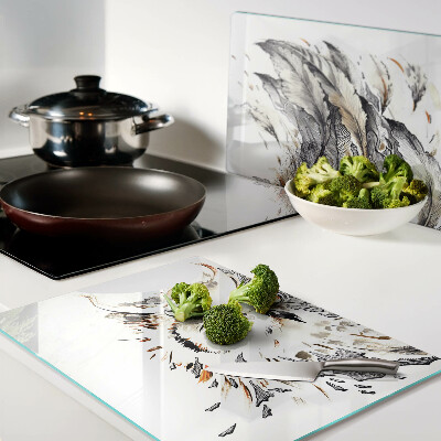 Schneidebrett Glas mit Eulenmotiv und Federn