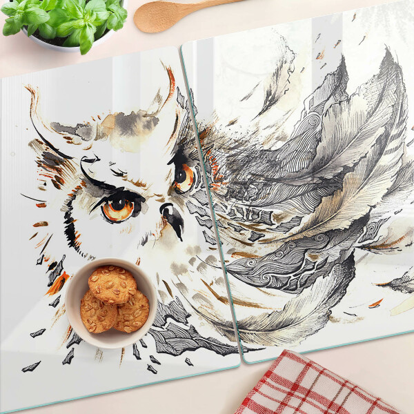 Schneidebrett Glas mit Eulenmotiv und Federn