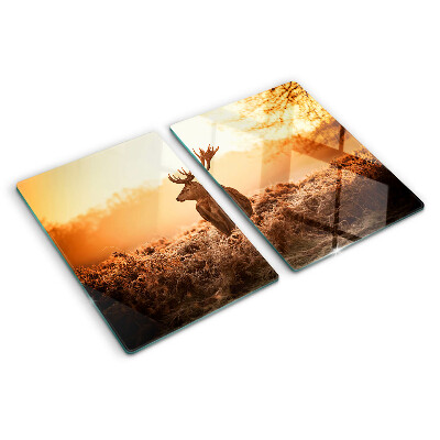Schneidebrett Glas mit Motiv von Hirschen vor dem Sonnenuntergang