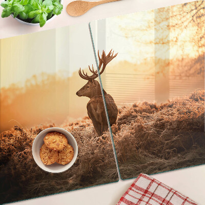 Schneidebrett Glas mit Motiv von Hirschen vor dem Sonnenuntergang