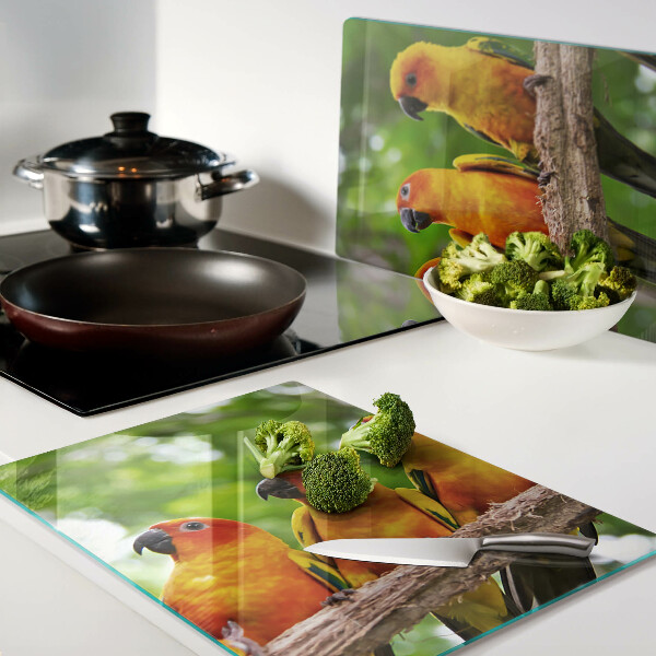 Schneidebrett mit Motiv: Papageien auf einem Ast